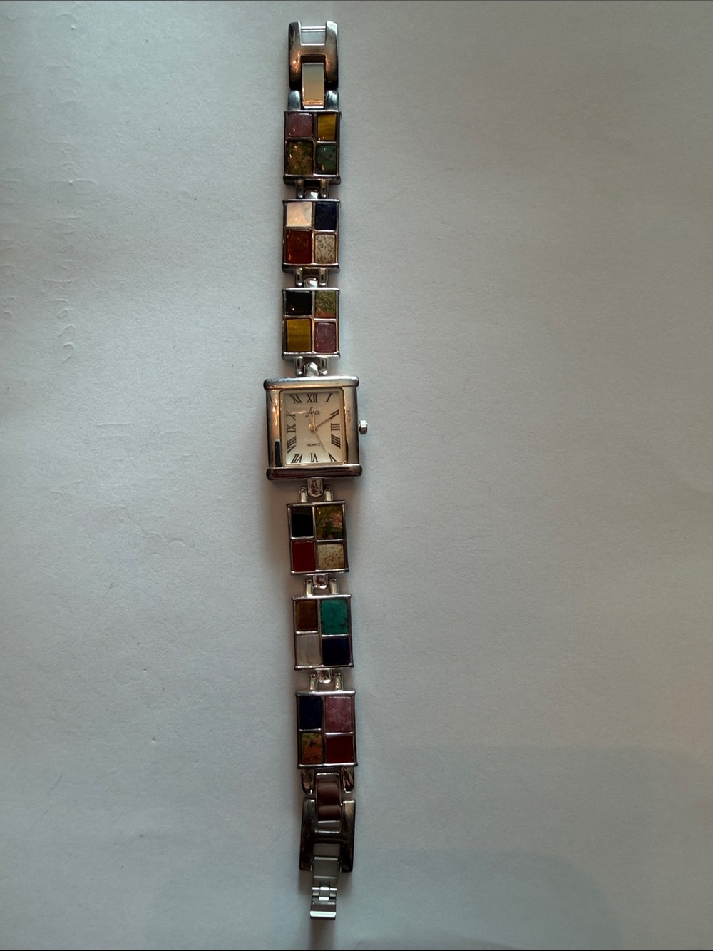 Aria Multicolor Square Inlay Bracelet Watch in Silver with Red & Green Accents
